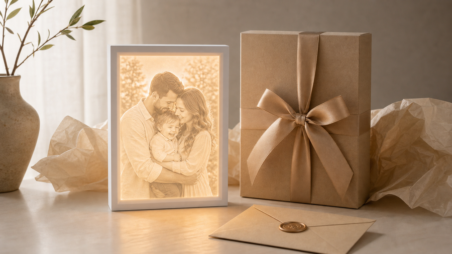 Leuchtunikat als fertig verpacktes Geschenk mit goldener Schleife