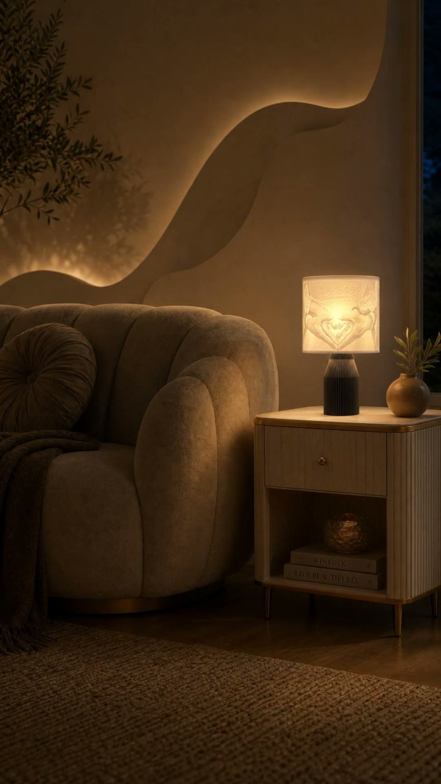 Dieselbe Lampe bei Nacht: das eingearbeitete Foto leuchtet warm im dunklen Raum